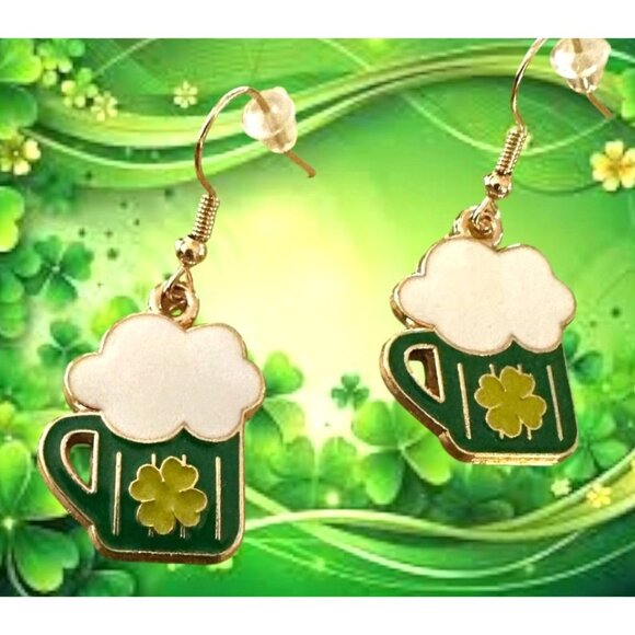 St Patricks Day Earrings Beer Four Leaf Clover Dangle Hooks Parade New F… - Picture 6 of 11